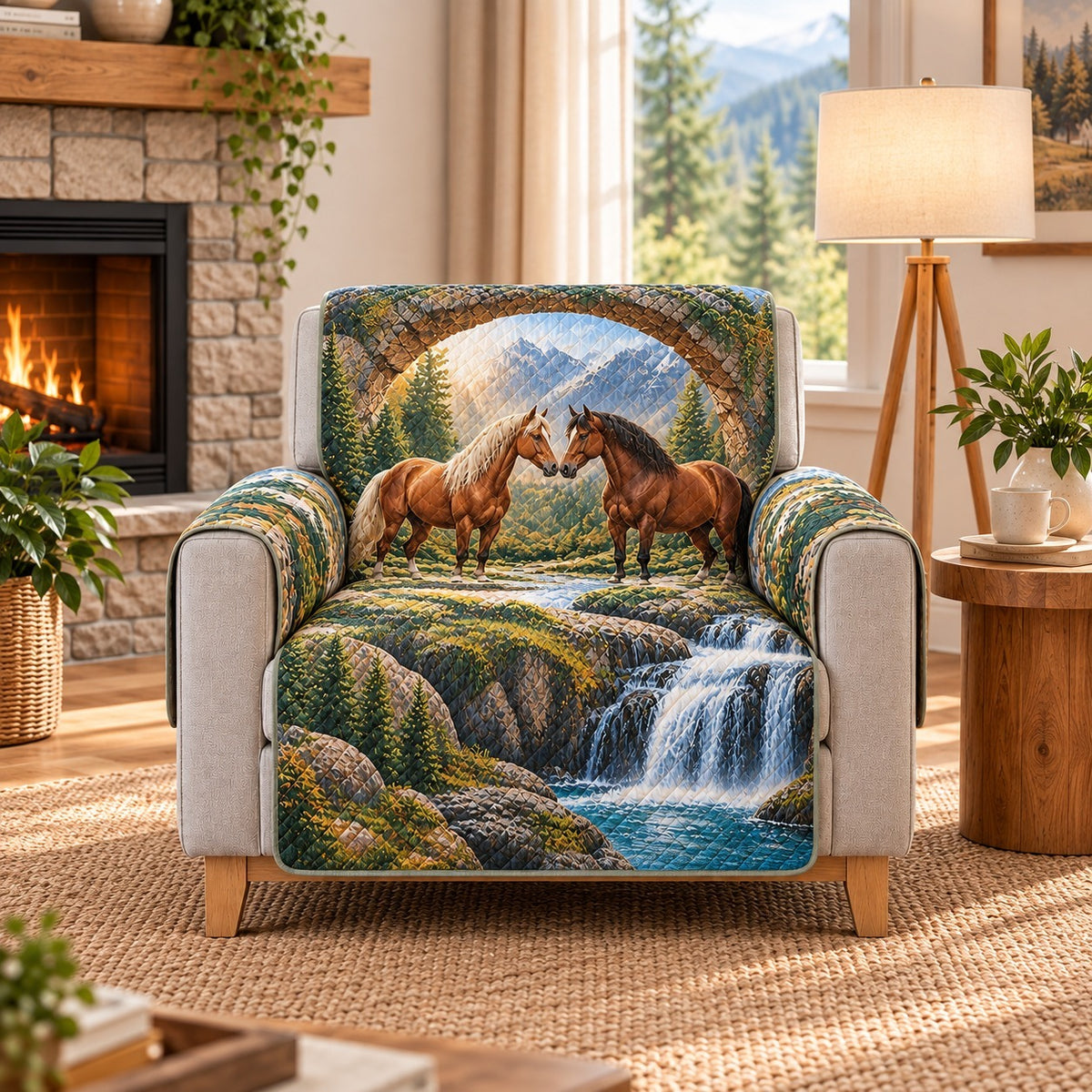 Horses and Waterfall Sofa Cover, Scenic Nature Couch Protector Gift