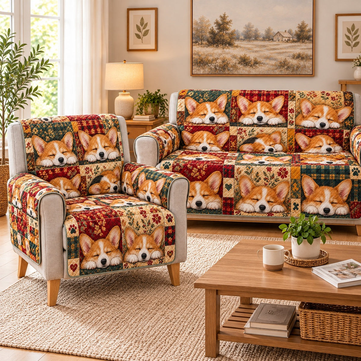Corgi Patchwork Sofa Cover, Cute Dog Lover Couch Protector Gift