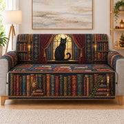 Black Cat Library Sofa Cover, Book Lover Couch Protector Gift