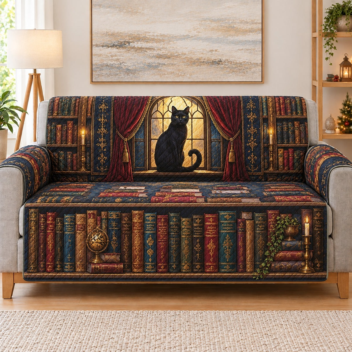 Black Cat Library Sofa Cover, Book Lover Couch Protector Gift