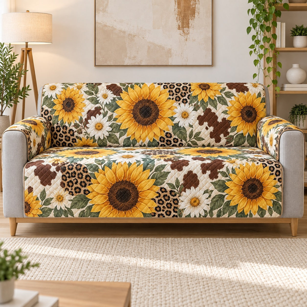 Sunflower Bee Sofa Cover, Farmhouse Floral Couch Protector Gift