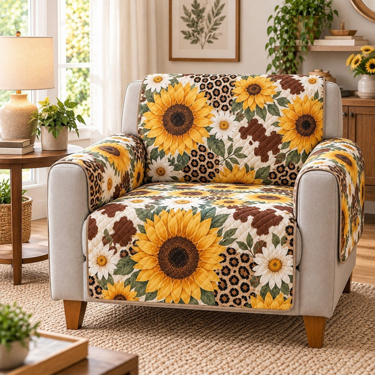 Sunflower Bee Sofa Cover, Farmhouse Floral Couch Protector Gift