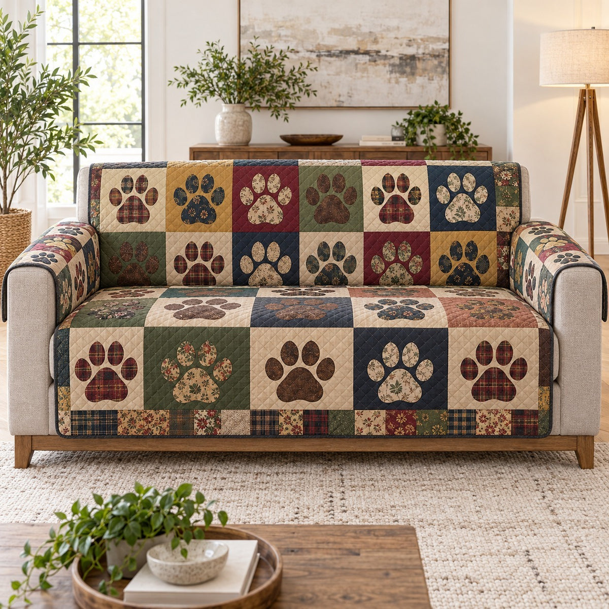 Rustic Paw Print Quilt Sofa Cover, Pet Lover Couch Protector Gift