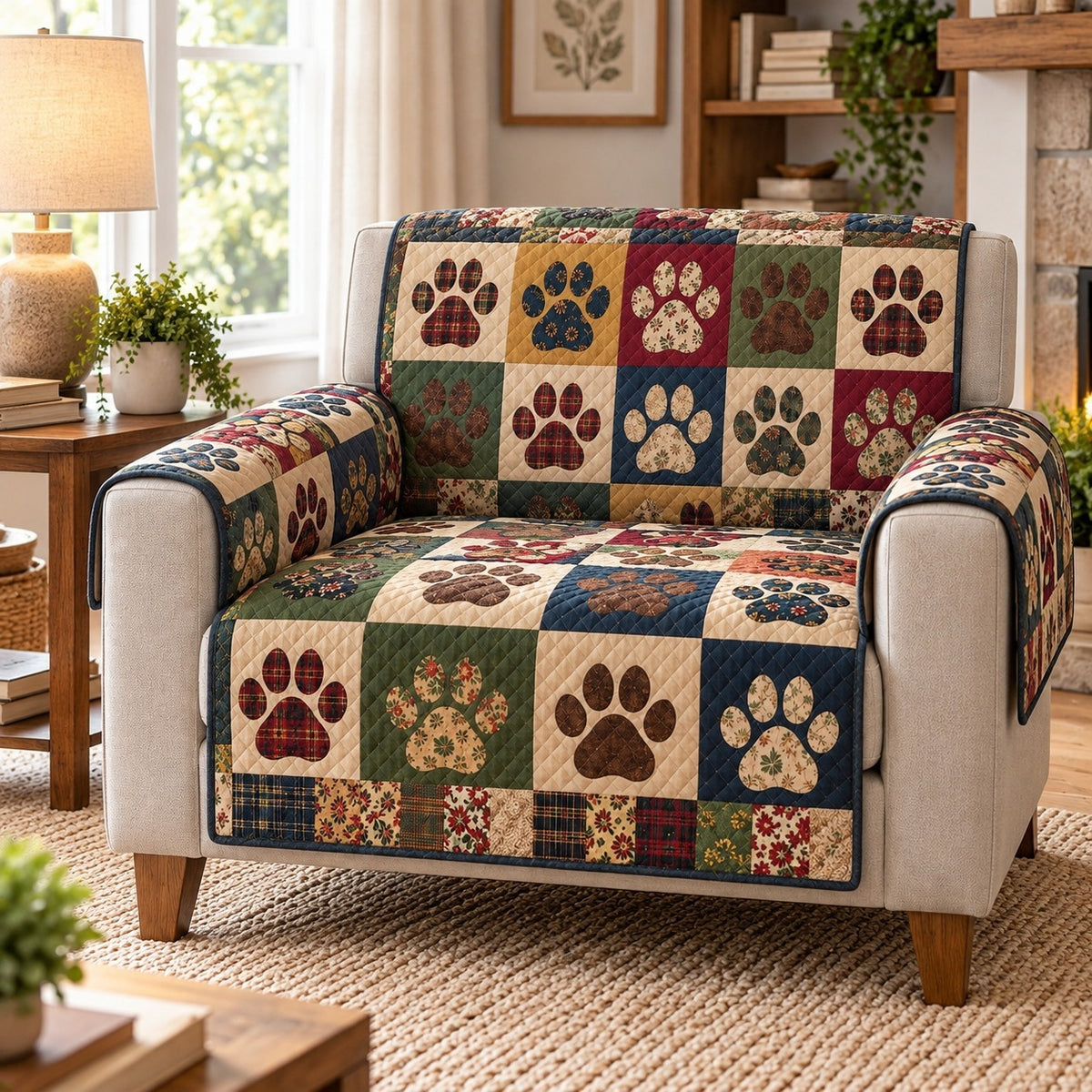 Rustic Paw Print Quilt Sofa Cover, Pet Lover Couch Protector Gift