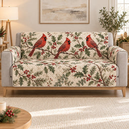 Winter Cardinal Sofa Cover, Holly Berry Bird Lover Couch Protector Gift
