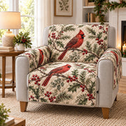 Winter Cardinal Sofa Cover, Holly Berry Bird Lover Couch Protector Gift