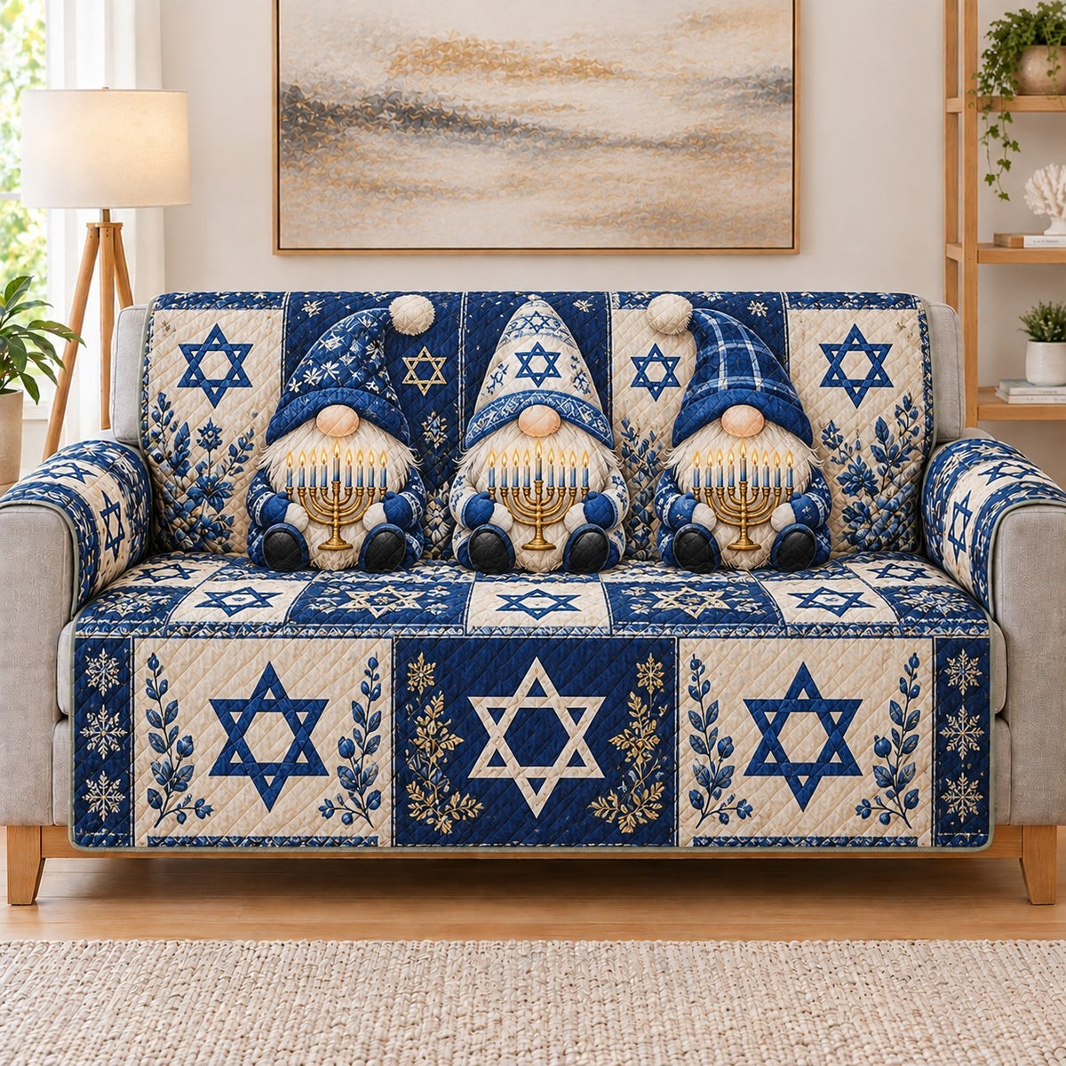 Hanukkah Gnome Sofa Cover, Star of David Couch Protector Gift