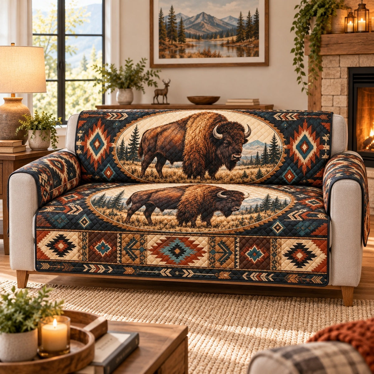 Southwestern Bison Sofa Cover, Rustic Wildlife Couch Protector Gift