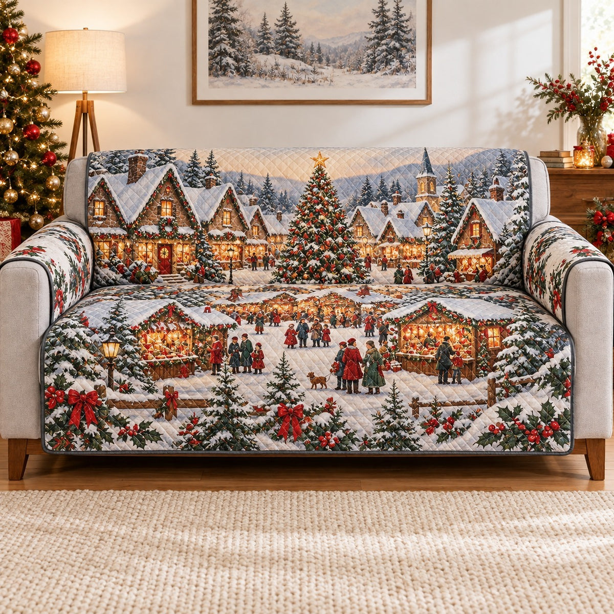 Christmas Village Sofa Cover, Snowy Holiday Couch Protector Gift