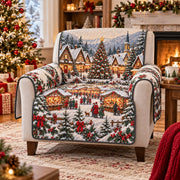Christmas Village Sofa Cover, Snowy Holiday Couch Protector Gift