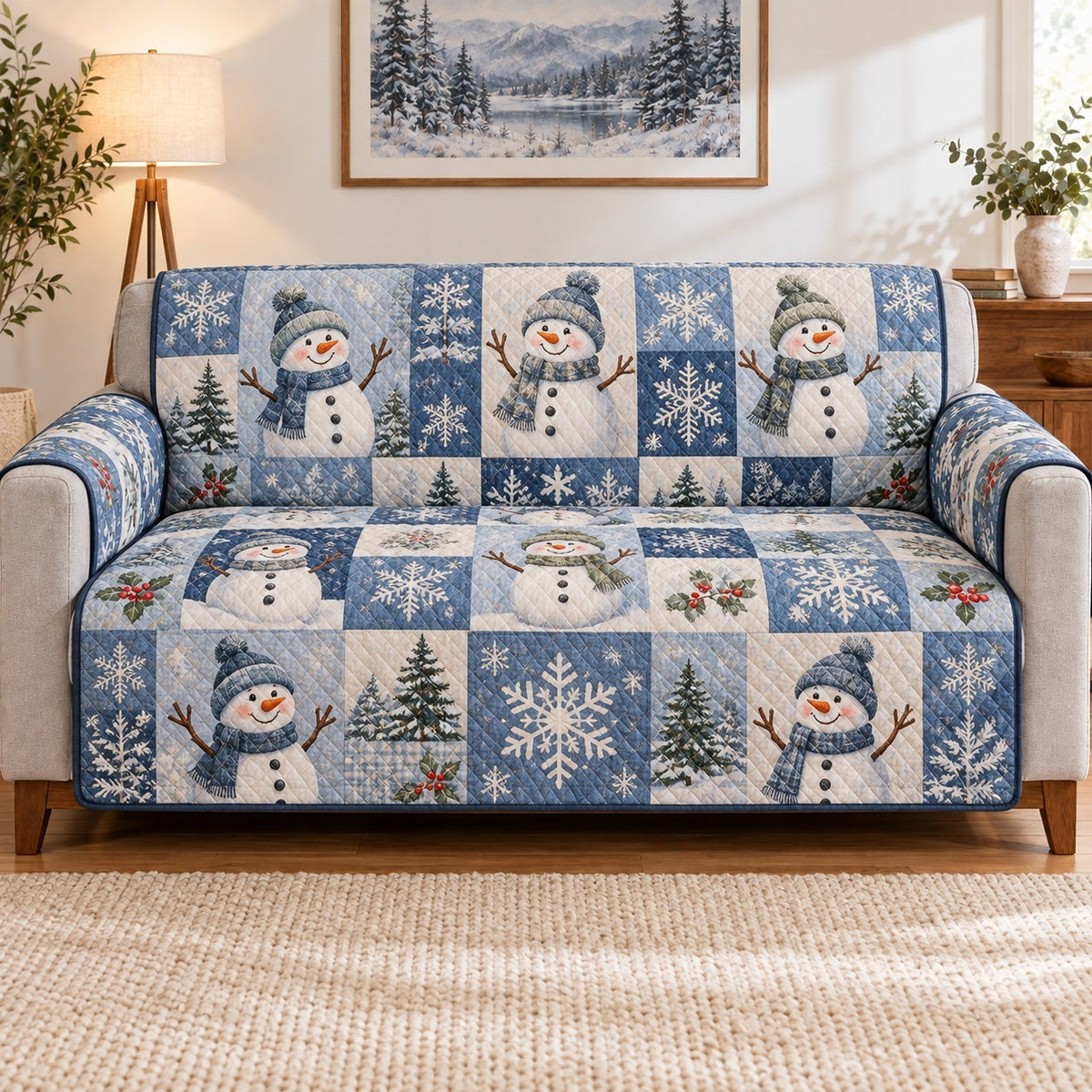 Snowman Patchwork Sofa Cover, Winter Holiday Couch Protector Gift