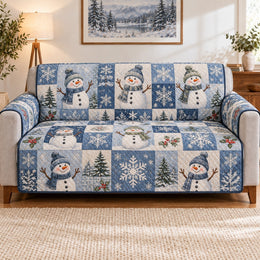 Snowman Patchwork Sofa Cover, Winter Holiday Couch Protector Gift