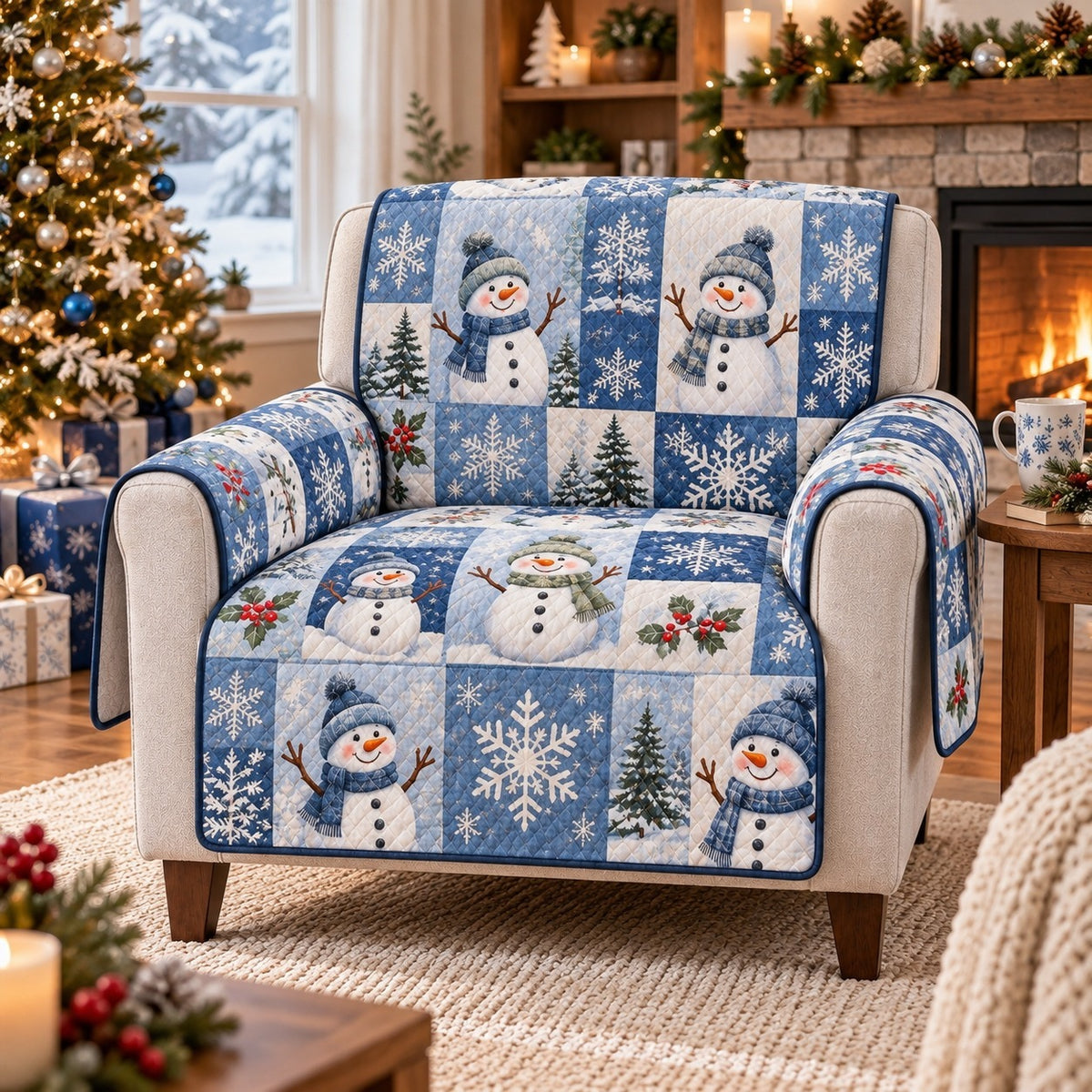 Snowman Patchwork Sofa Cover, Winter Holiday Couch Protector Gift