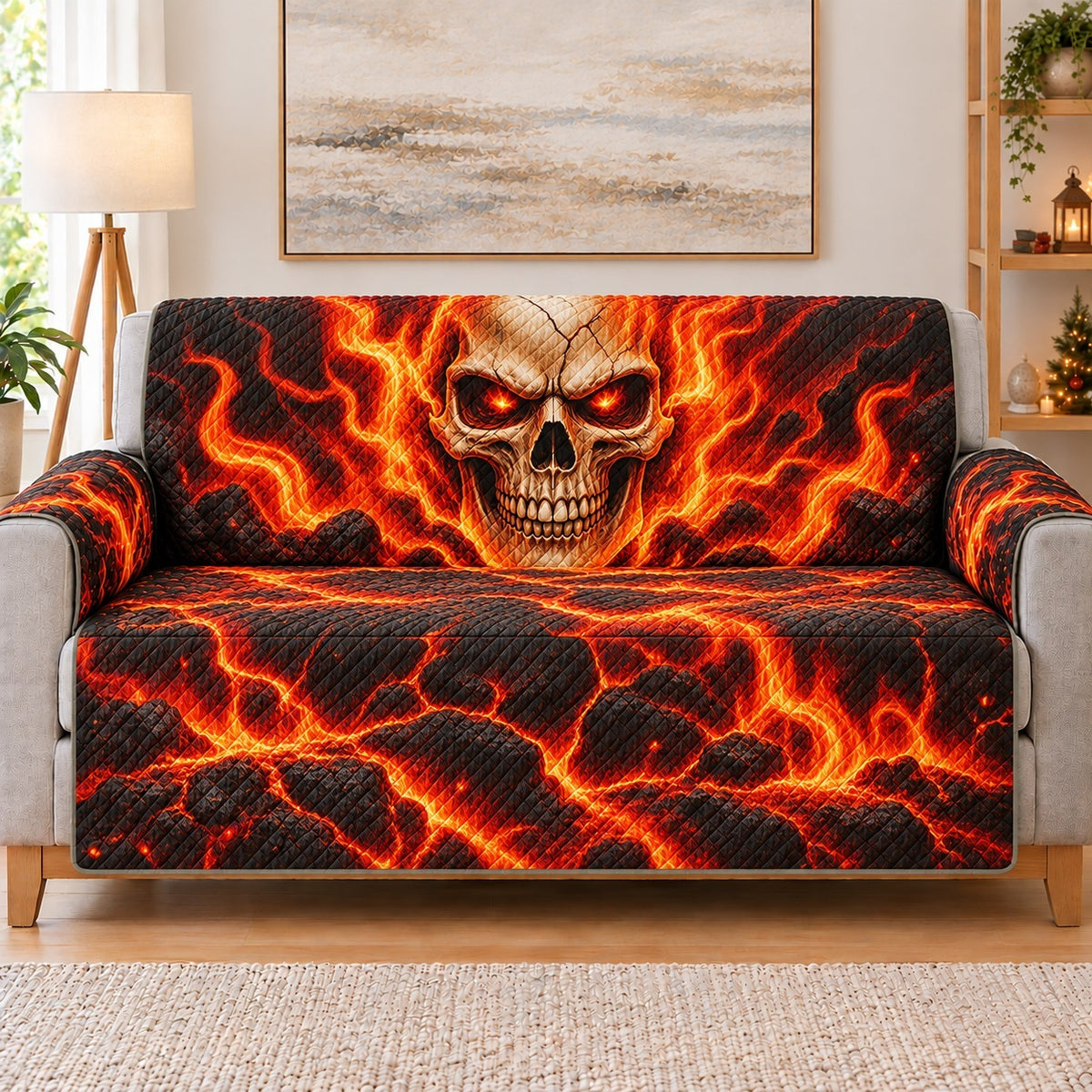 Flaming Skull Sofa Cover, Gothic Fire Couch Protector Gift for Rock Fans