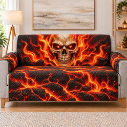 Flaming Skull Sofa Cover, Gothic Fire Couch Protector Gift for Rock Fans
