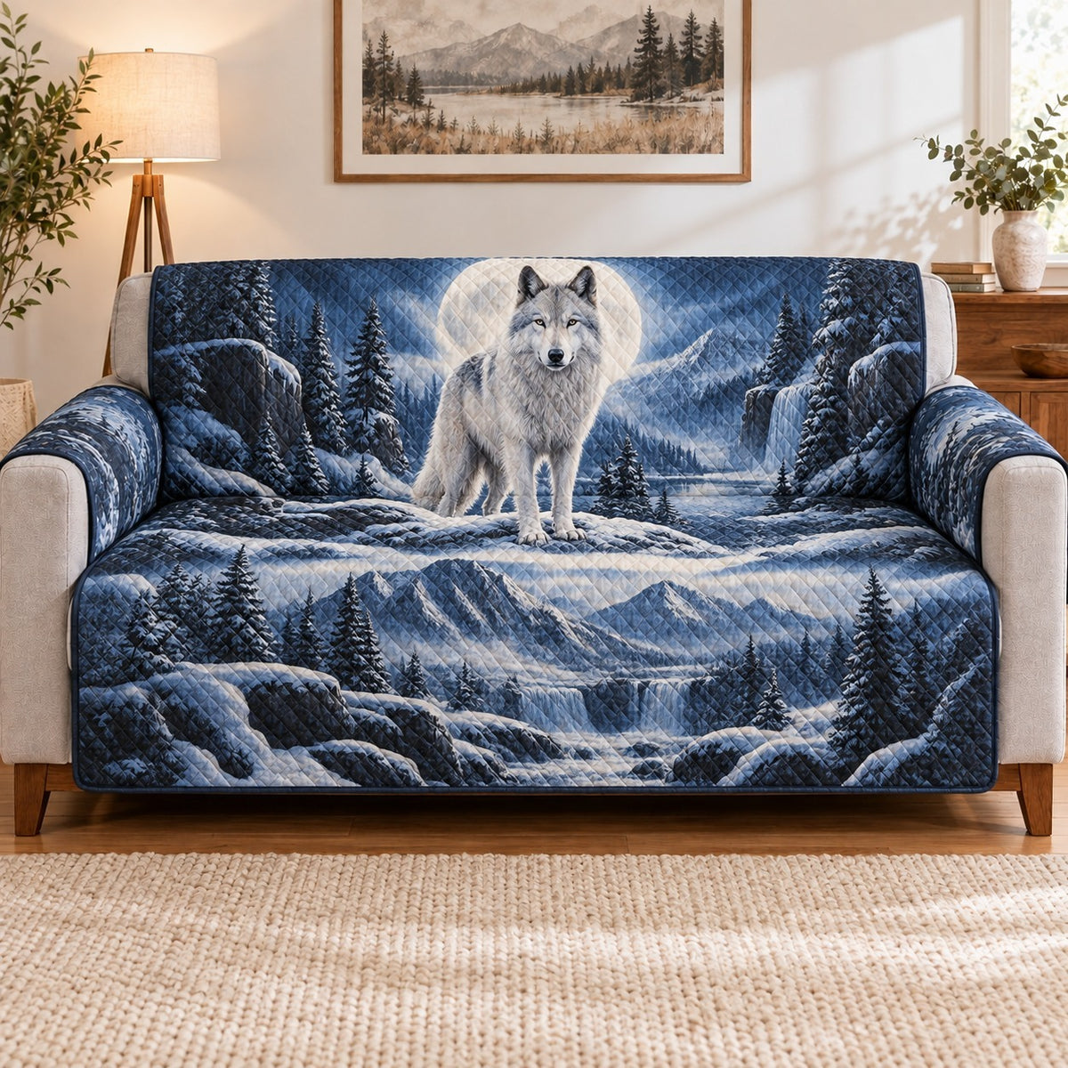 White Wolf Winter Sofa Cover, Snowy Wildlife Couch Protector Gift