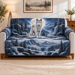 White Wolf Winter Sofa Cover, Snowy Wildlife Couch Protector Gift