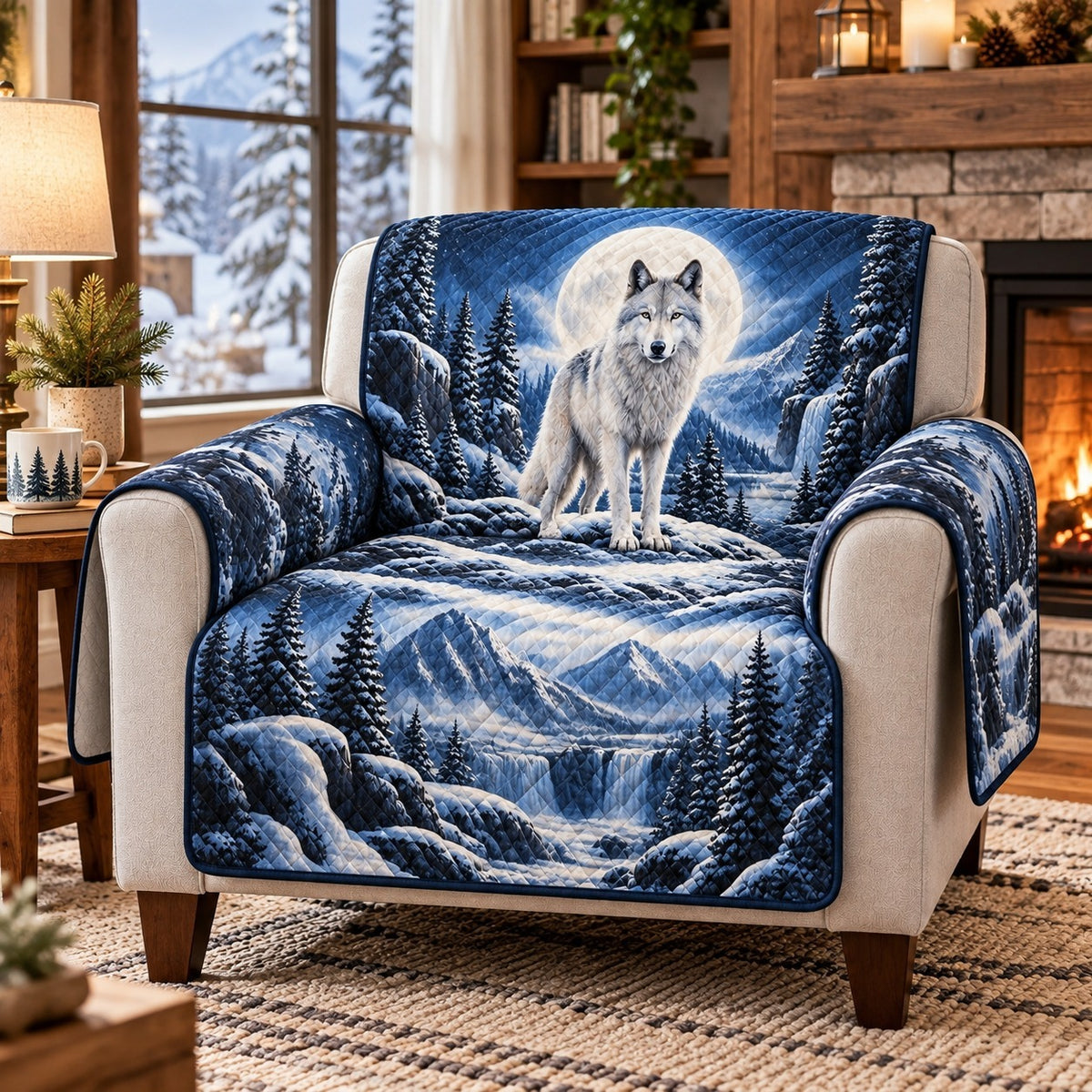White Wolf Winter Sofa Cover, Snowy Wildlife Couch Protector Gift