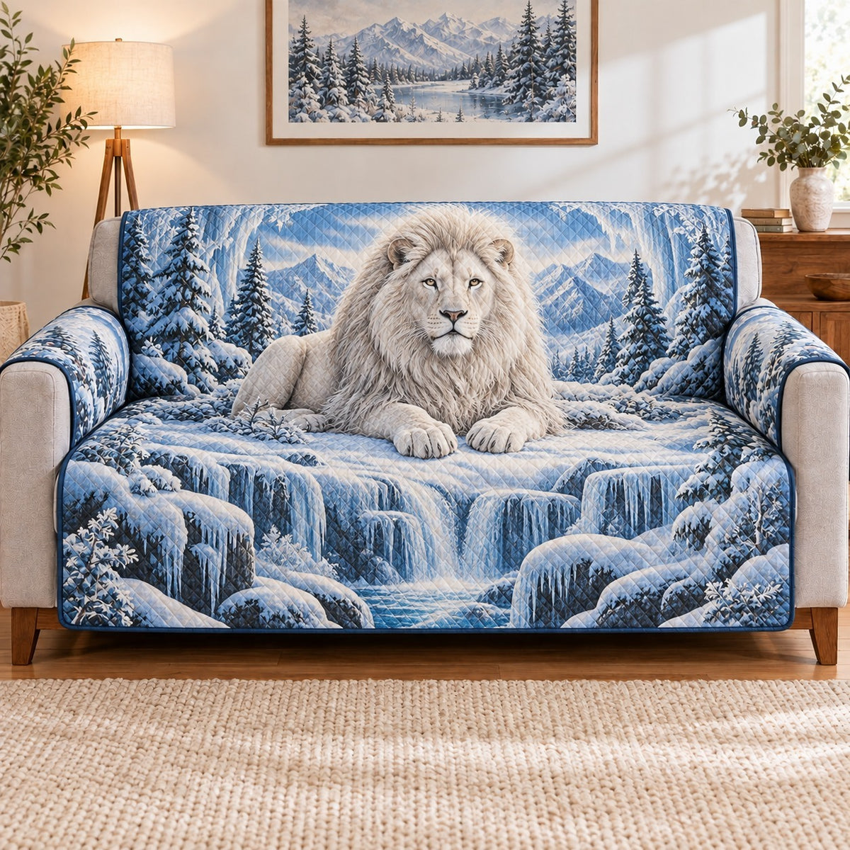 White Lion Winter Sofa Cover, Majestic Wildlife Couch Protector Gift