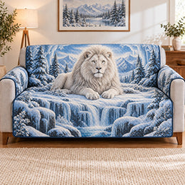 White Lion Winter Sofa Cover, Majestic Wildlife Couch Protector Gift