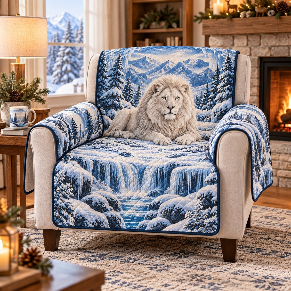 White Lion Winter Sofa Cover, Majestic Wildlife Couch Protector Gift