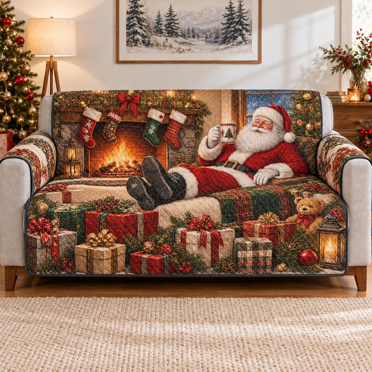 Santa Fireplace Sofa Cover, Cozy Christmas Couch Protector Gift