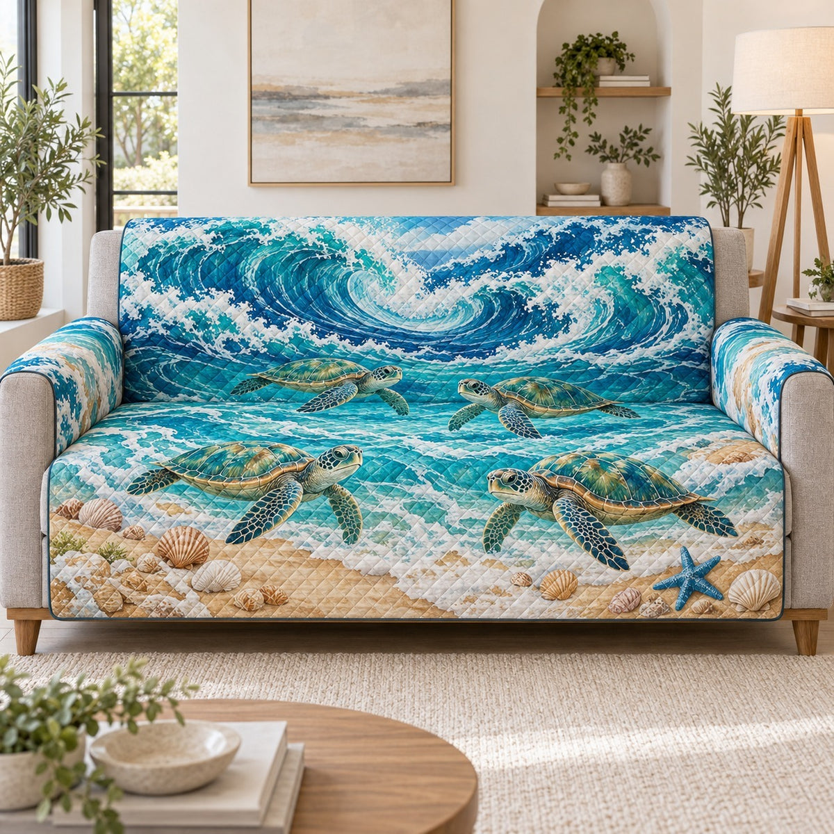 Ocean Wave Turtle Sofa Cover, Coastal Couch Protector Gift for Sea Lovers