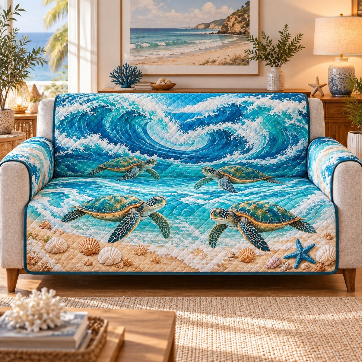 Ocean Wave Turtle Sofa Cover, Coastal Couch Protector Gift for Sea Lovers