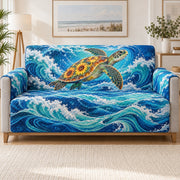Sea Turtle Wave Sofa Cover, Blue Ocean Couch Protector Gift for Beach Lovers