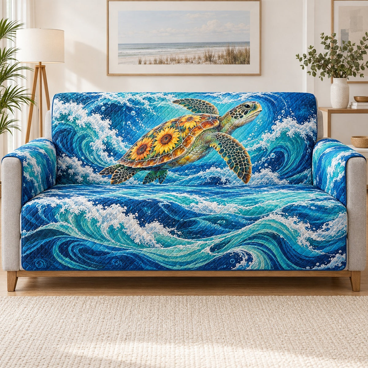 Sea Turtle Wave Sofa Cover, Blue Ocean Couch Protector Gift for Beach Lovers