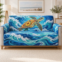 Sea Turtle Wave Sofa Cover, Blue Ocean Couch Protector Gift for Beach Lovers