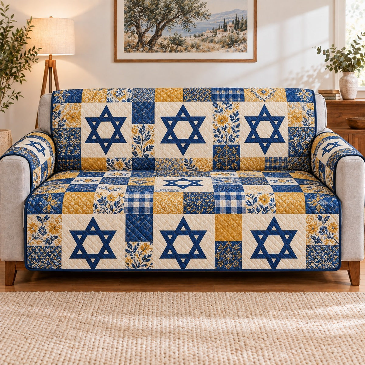 Star of David Sofa Cover, Blue Gold Jewish Couch Protector Gift