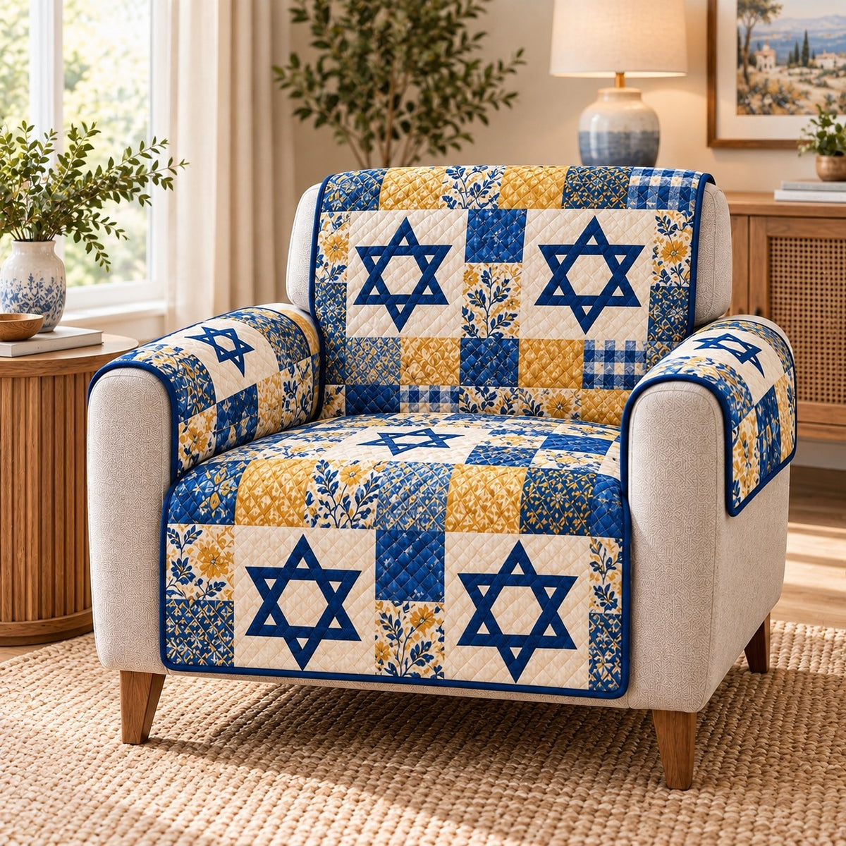 Star of David Sofa Cover, Blue Gold Jewish Couch Protector Gift