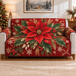 Christmas Poinsettia Sofa Cover, Holiday Floral Couch Protector Gift