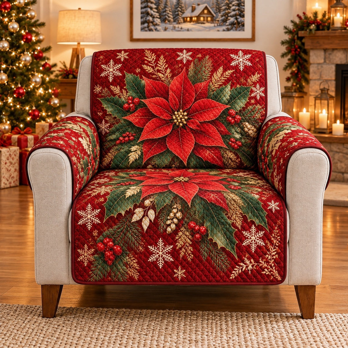 Christmas Poinsettia Sofa Cover, Holiday Floral Couch Protector Gift