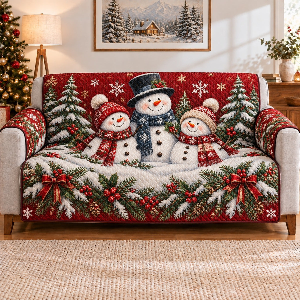 Snowman Family Sofa Cover, Christmas Winter Couch Protector Gift