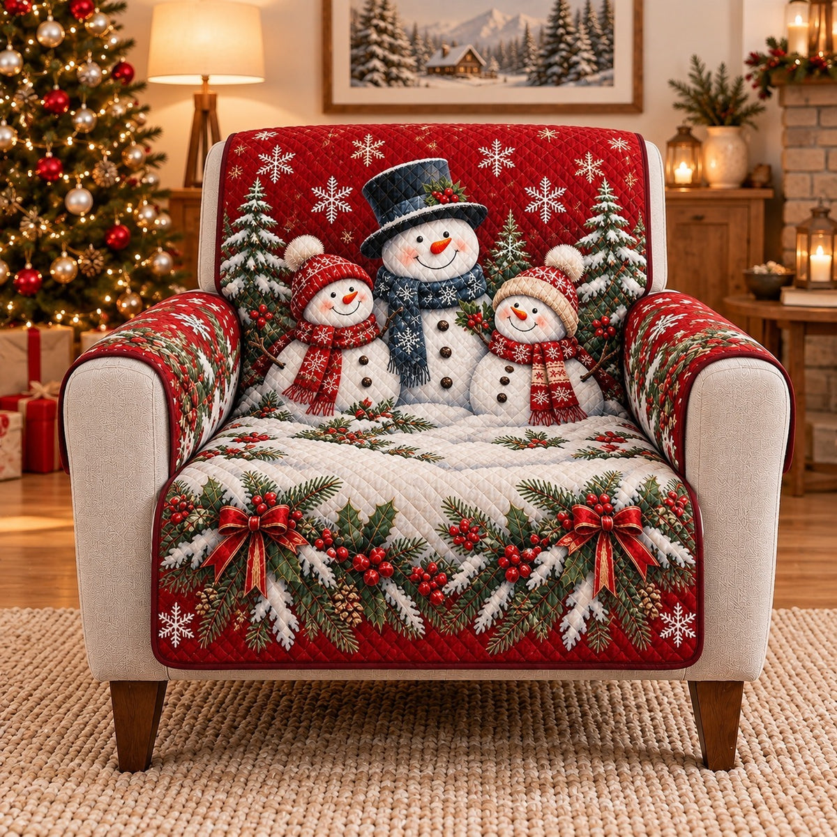 Snowman Family Sofa Cover, Christmas Winter Couch Protector Gift