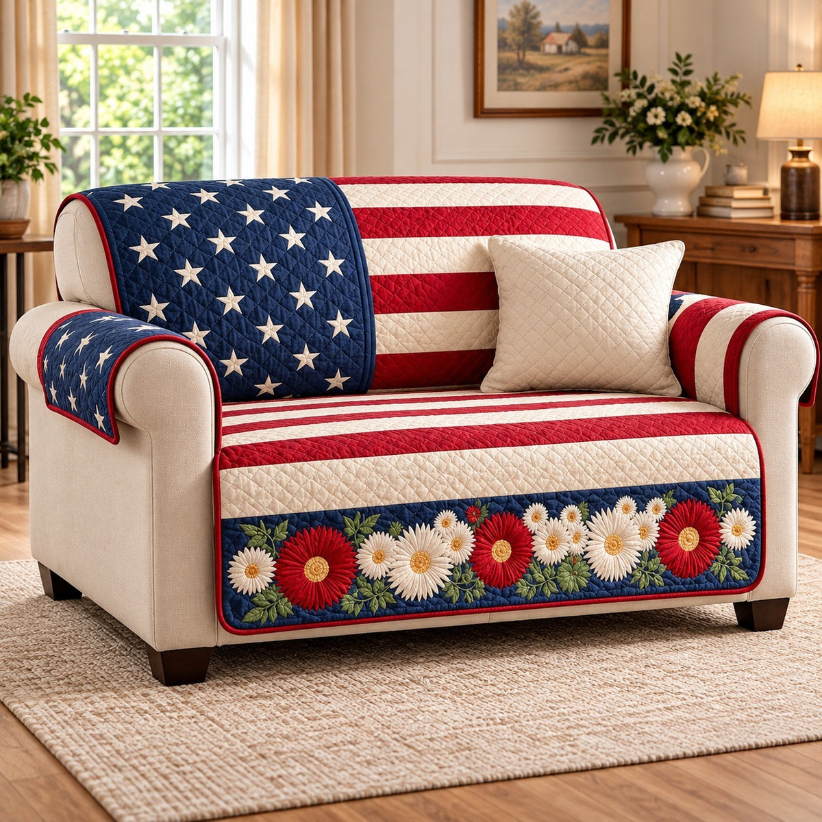 American Flag Floral Sofa Cover, Patriotic Couch Protector Gift