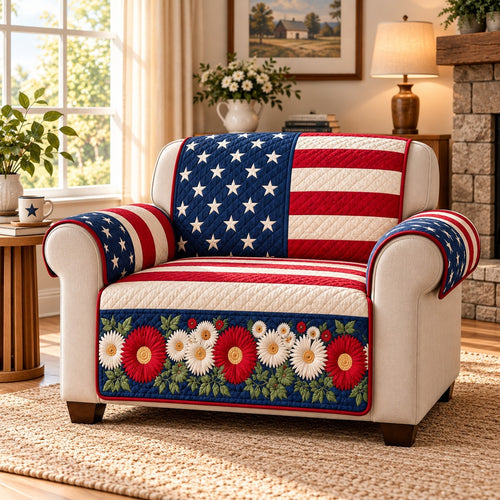 American Flag Floral Sofa Cover, Patriotic Couch Protector Gift