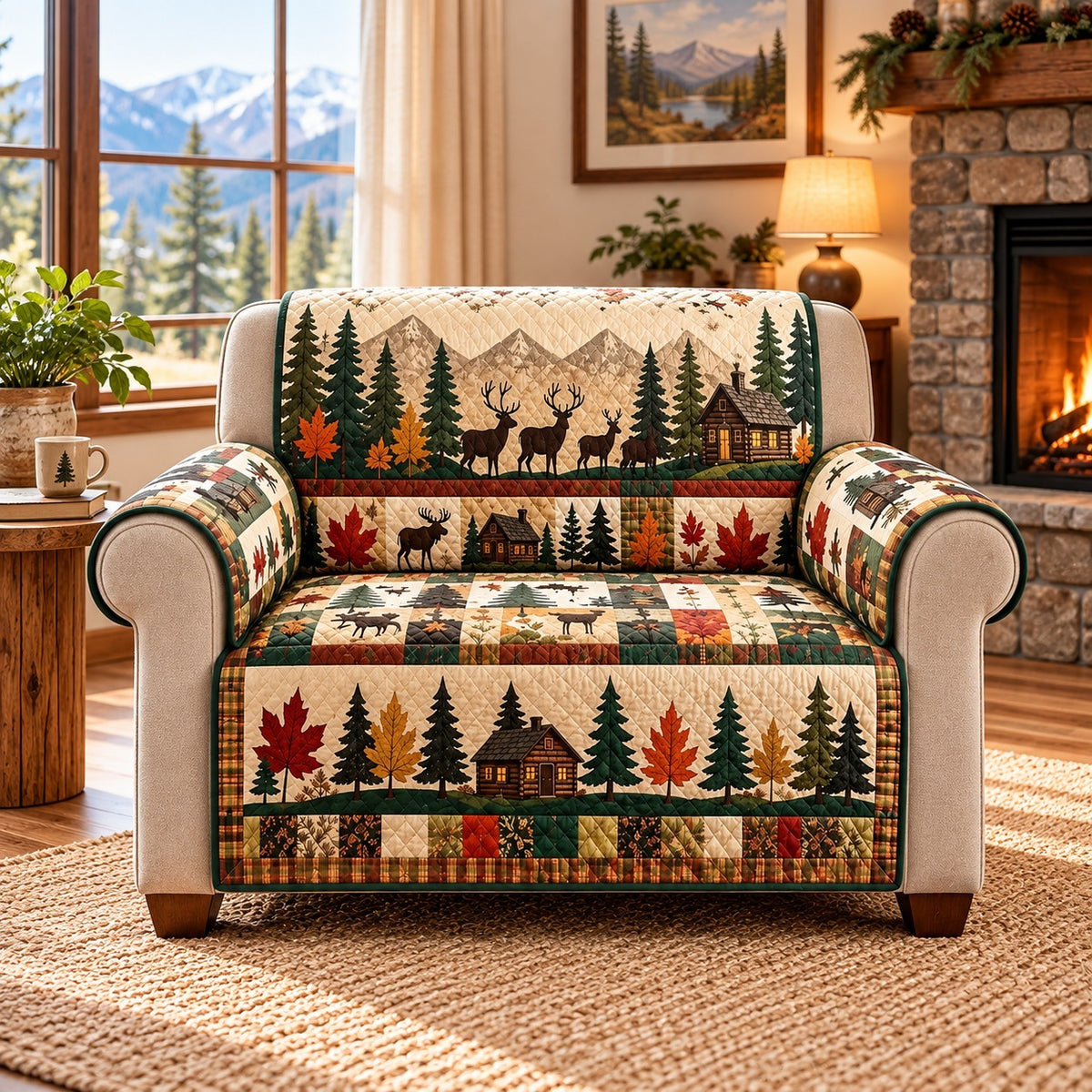 Woodland Camping Sofa Cover, Rustic Cabin Couch Protector Gift