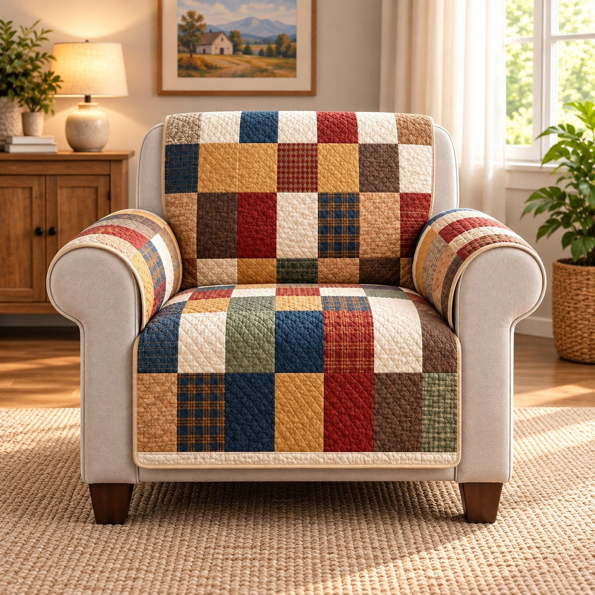 Rustic Plaid Patchwork Sofa Cover, Farmhouse Couch Protector Gift