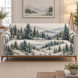 Snowy Pine Forest Sofa Cover, Winter Mountain Couch Protector Gift