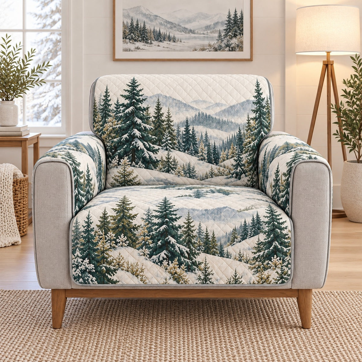 Snowy Pine Forest Sofa Cover, Winter Mountain Couch Protector Gift
