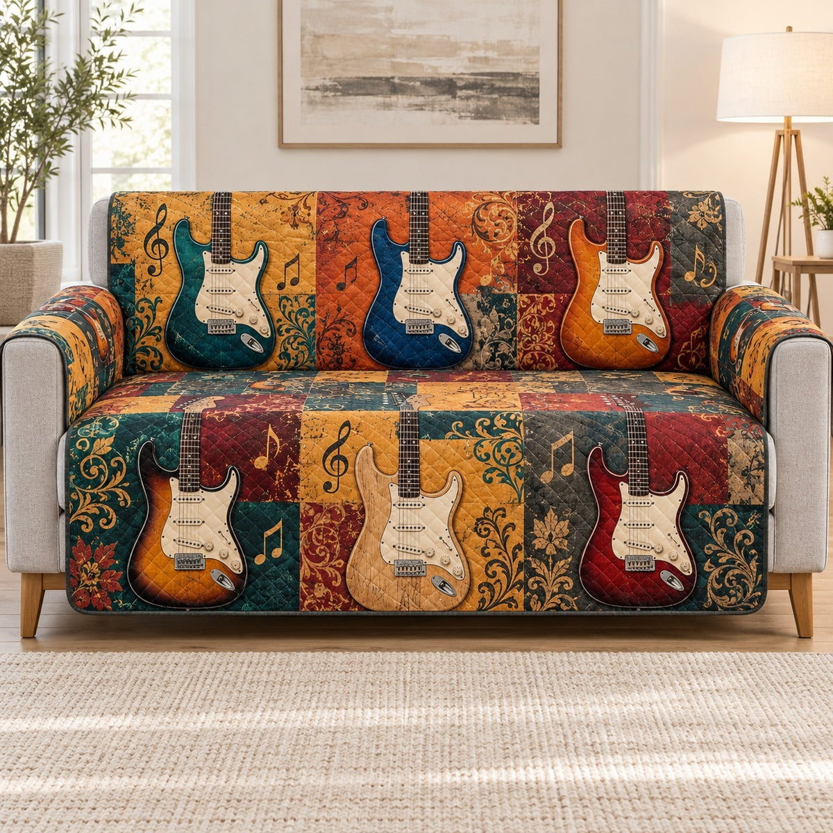Vintage Guitar Sofa Cover, Music Lover Couch Protector Gift for Musicians