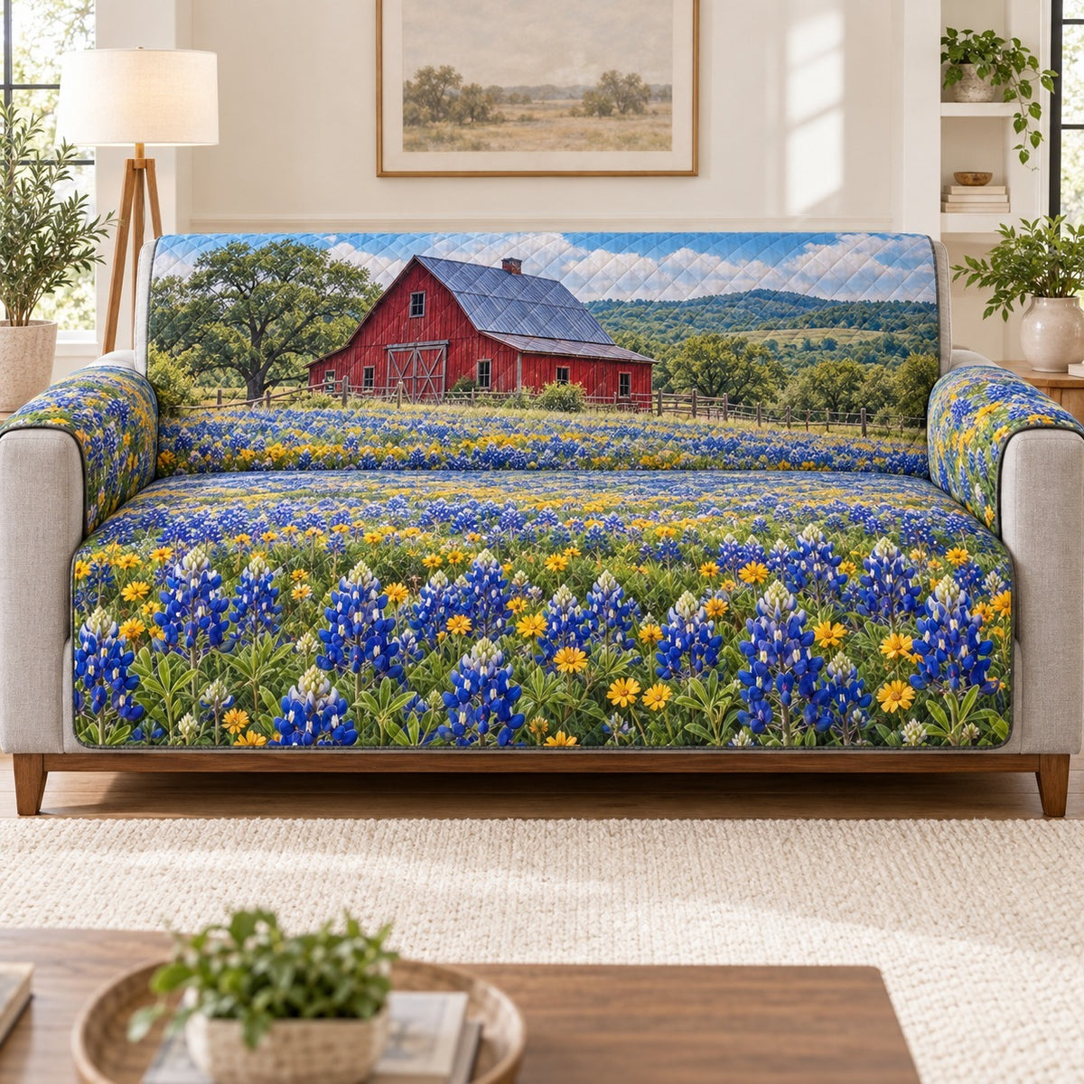 Red Barn Bluebonnet Sofa Cover, Country Farmhouse Couch Protector Gift