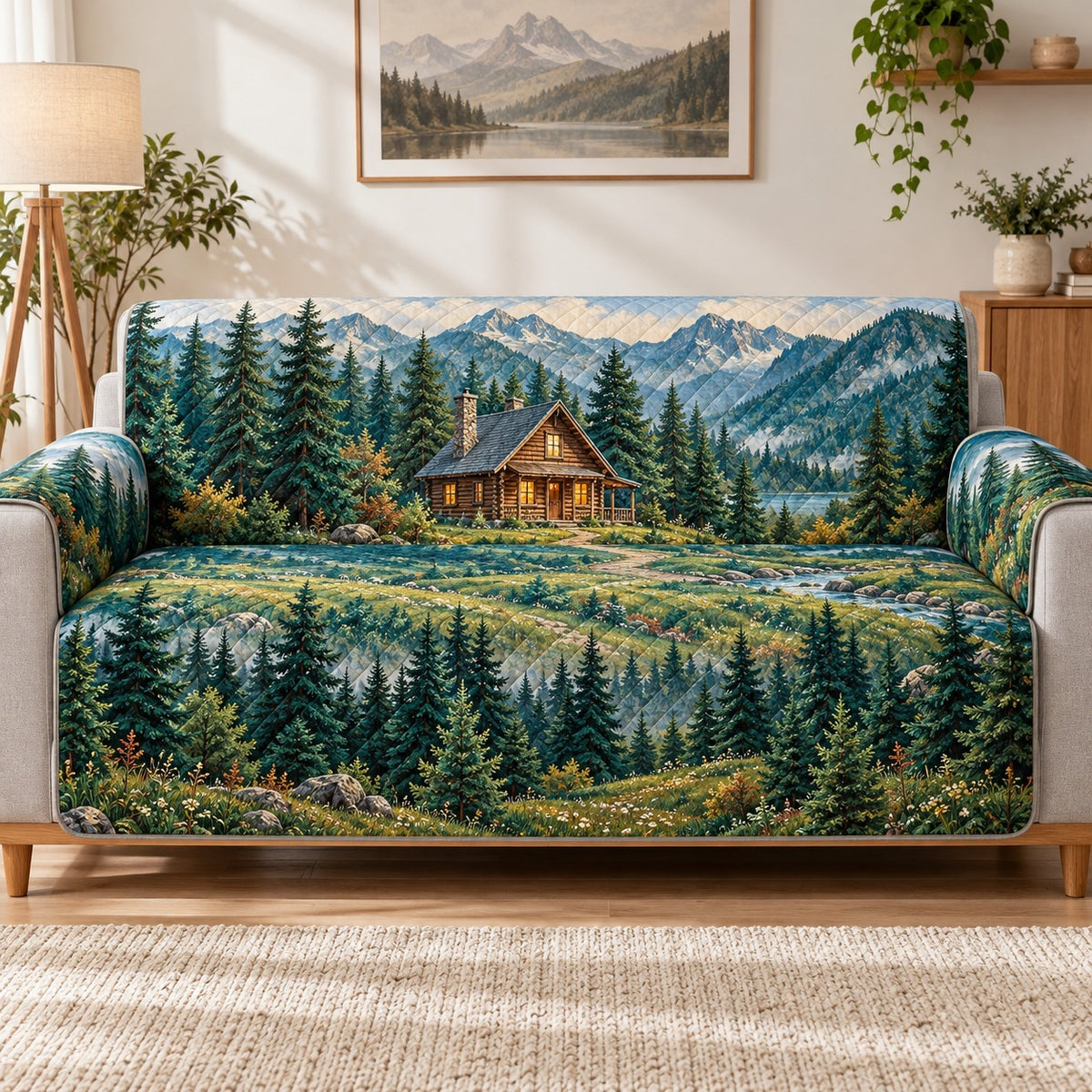 Mountain Cabin Sofa Cover, Evergreen Nature Couch Protector Gift