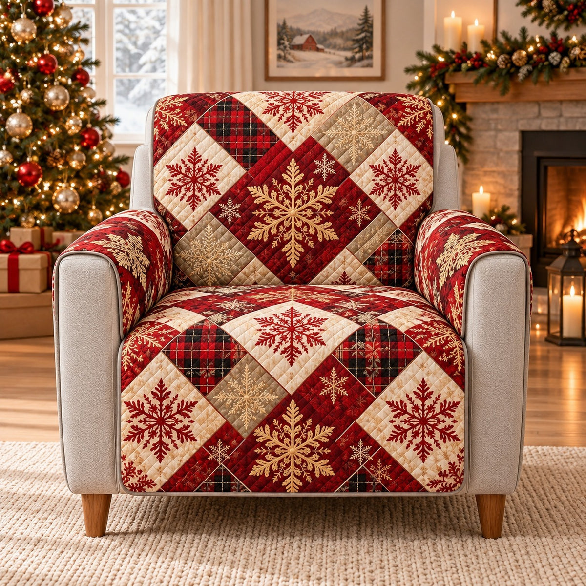 Christmas Quilt Patchwork Sofa Cover, Holiday Couch Protector Gift