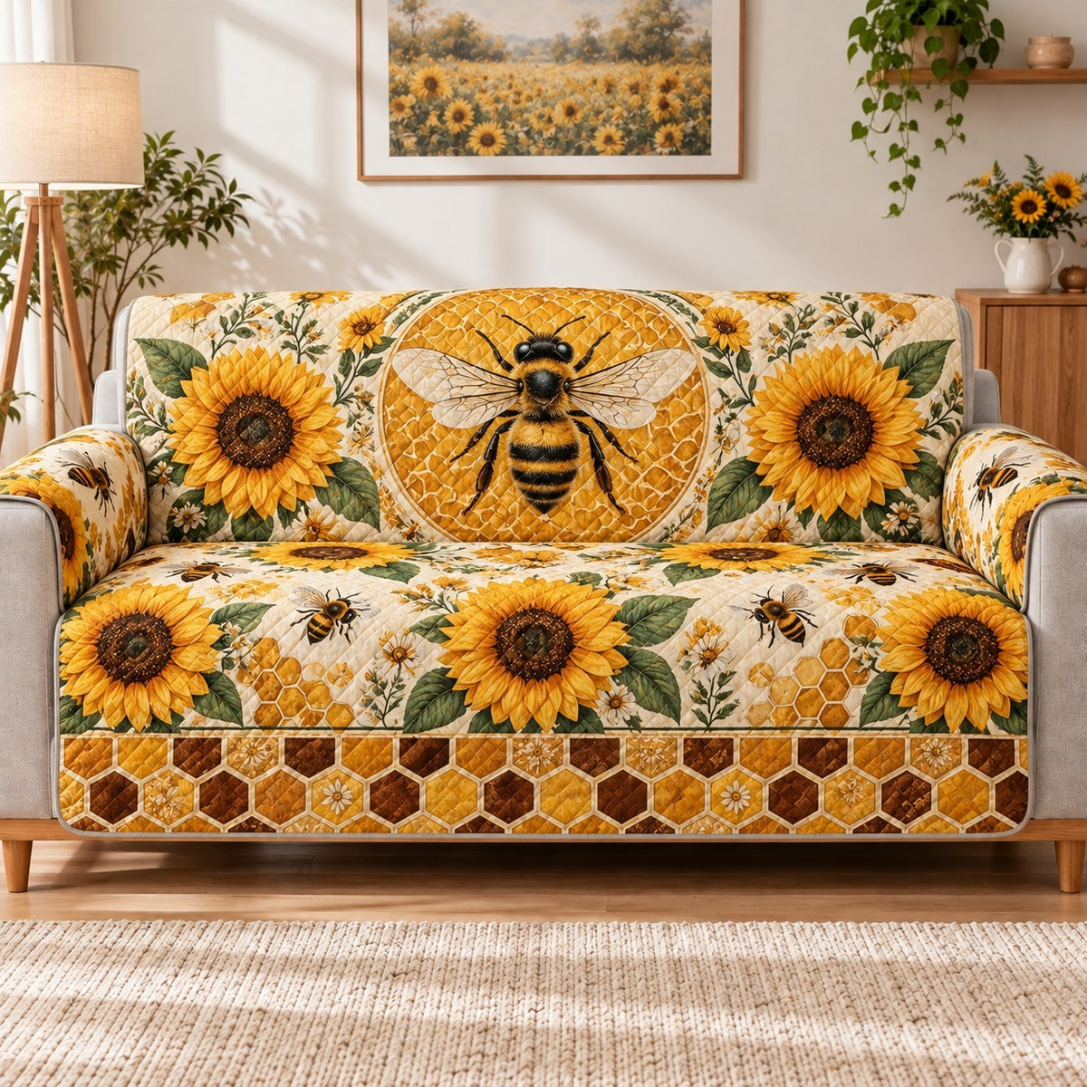 Sunflower Honey Bee Sofa Cover, Farmhouse Couch Protector Gift