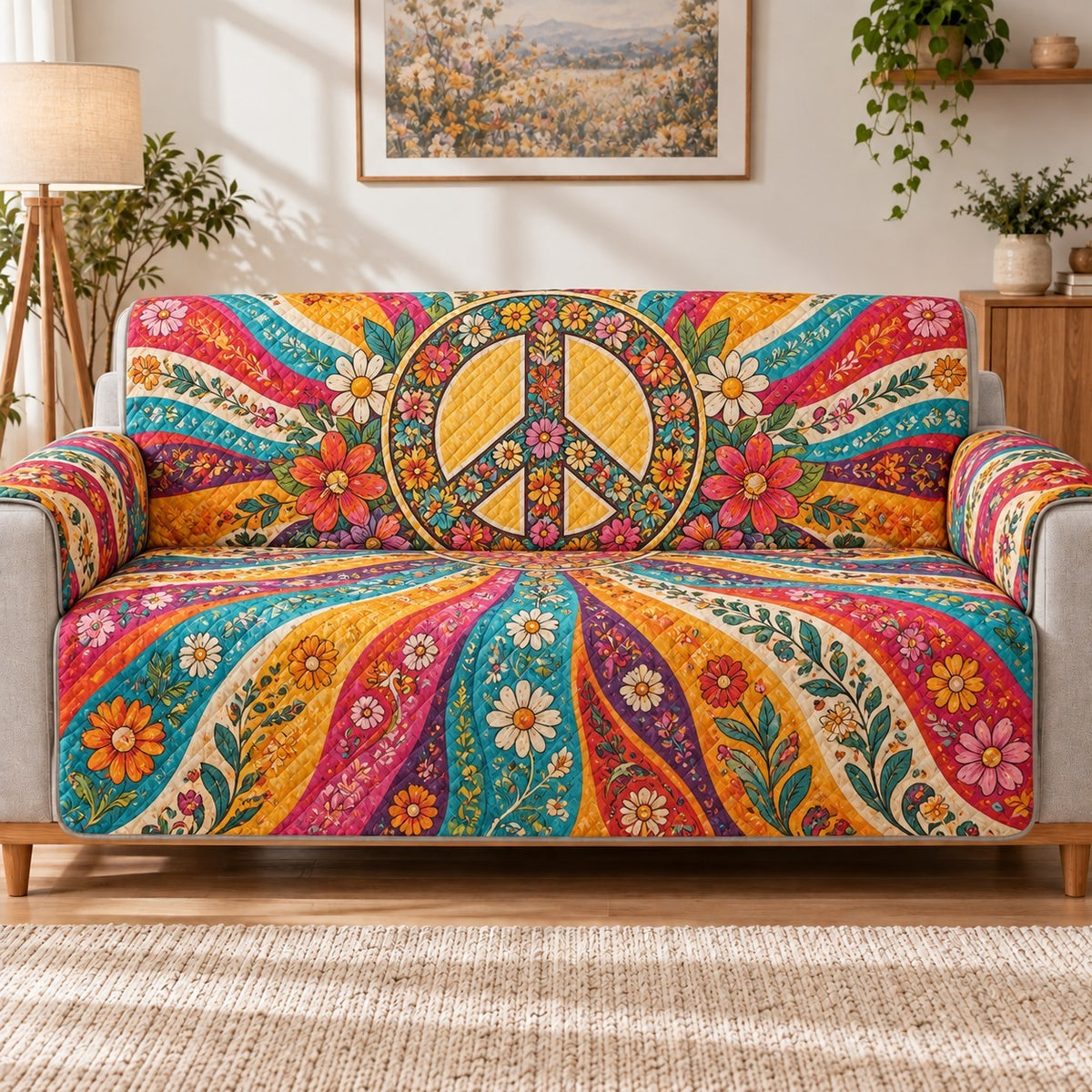 Peace Sign Paisley Sofa Cover, Colorful Boho Couch Protector Gift