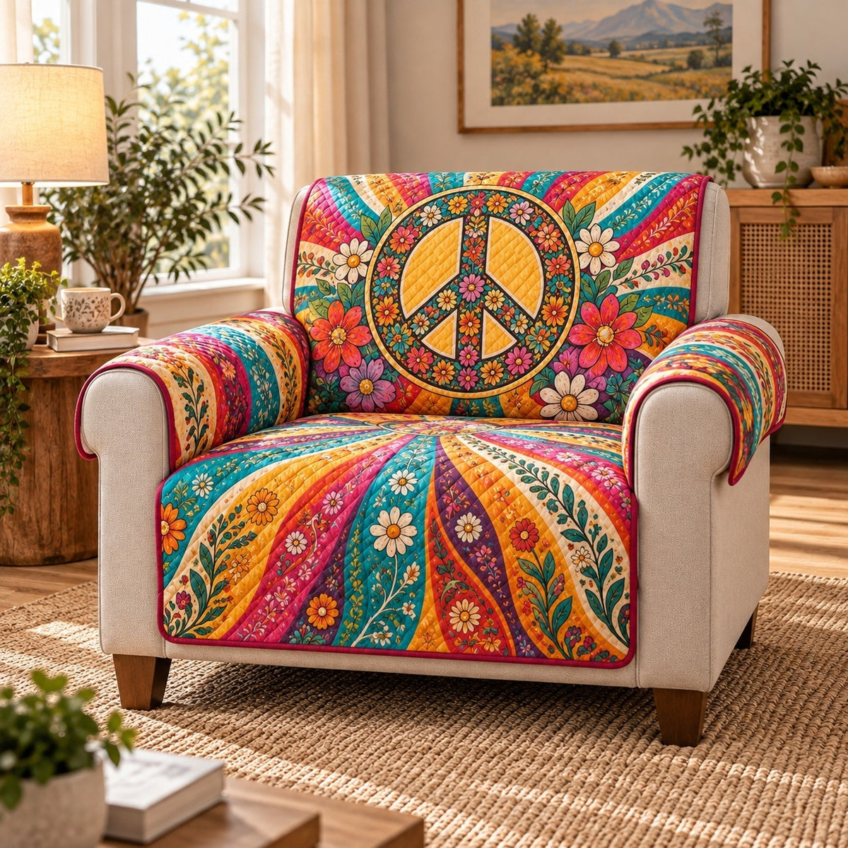 Peace Sign Paisley Sofa Cover, Colorful Boho Couch Protector Gift